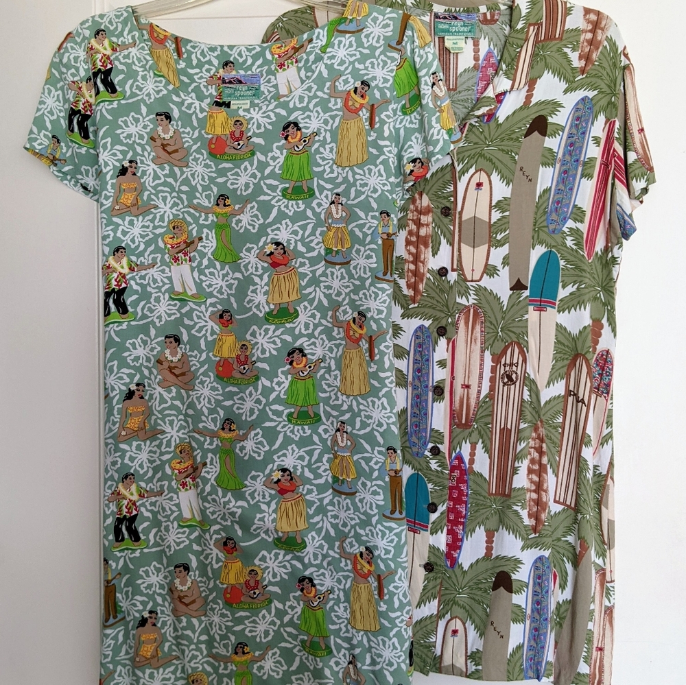 2 Reyn Spooner Rayon Hawaiian Dresses MEDIUM Short Sleeve Vintage Surfing  Hula